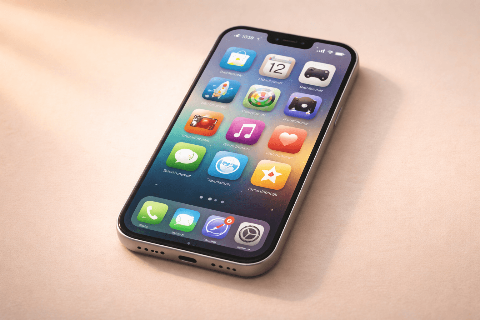 A smartphone showing colorful app icons on a warm neutral background