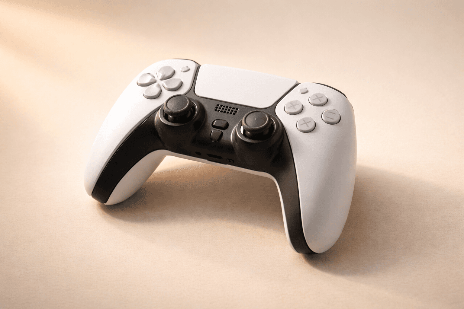 A gaming console controller on a warm neutral background