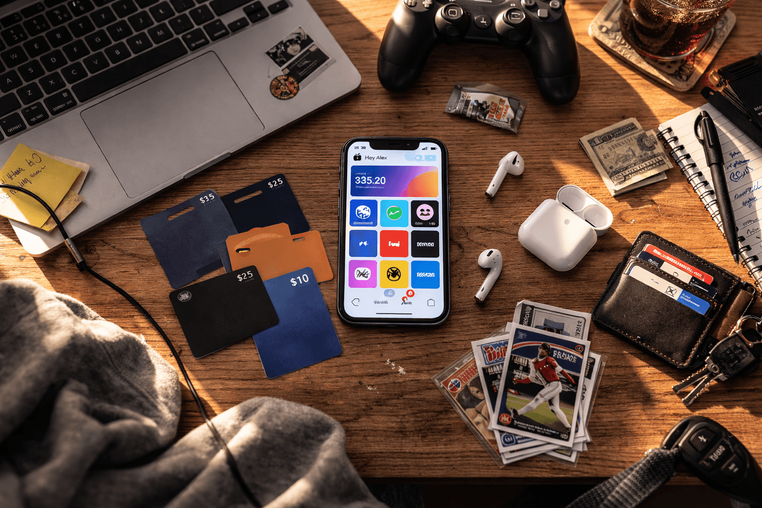 A teenager's desk showing gift cards, a gaming controller, trading cards, and a phone with apps